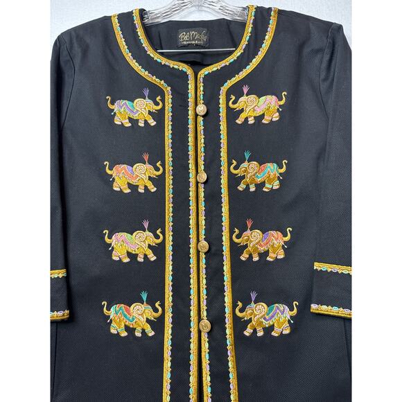 Bob Mackie wearable art black coat embroidered Elephants gold logo buttons large - Picture 13 of 16